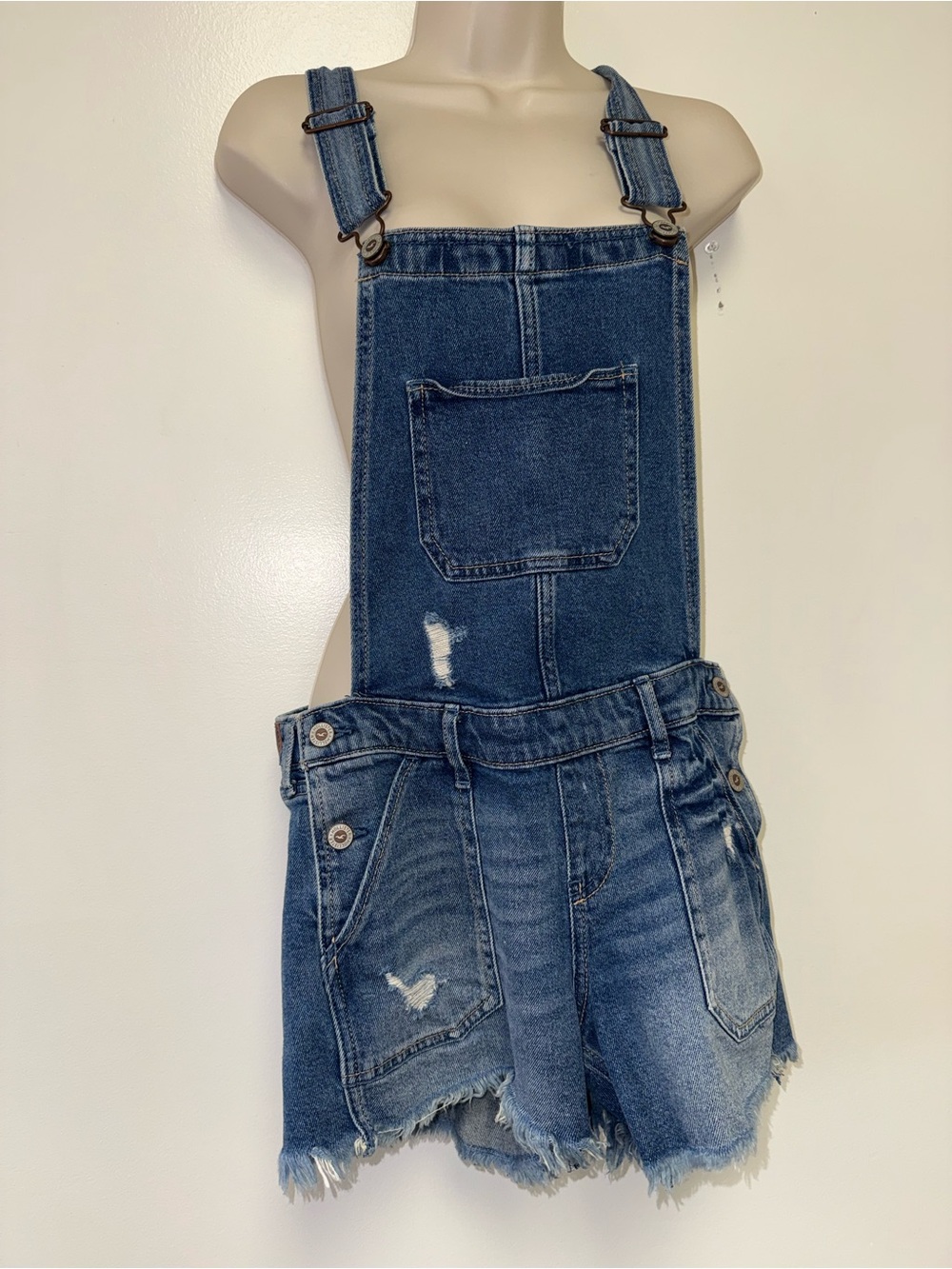 Hollister (Small) Blue Boyfriend Distressed Denim Overalls with Vintage Stretch